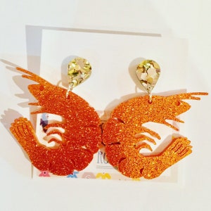 Orange / Coral Prawn glitter statement studs prawn dangles laser cut acrylic don't come the raw prawn with me prawn drop earrings image 1