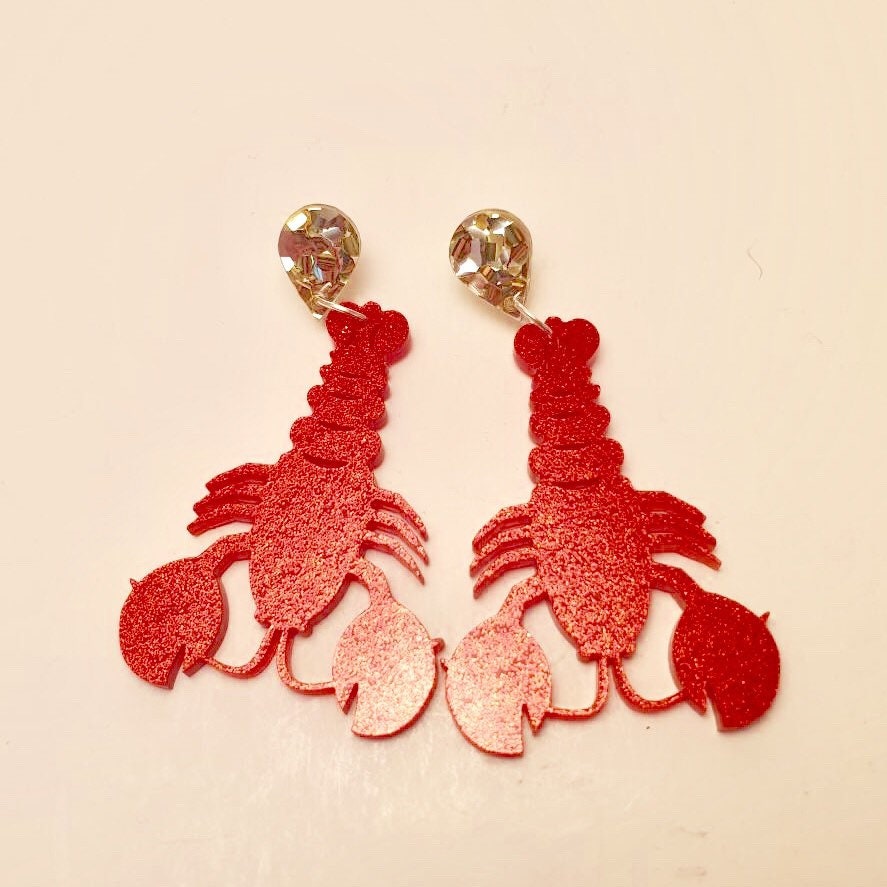 Lobster Studs Lobster earrings Red Lobster glitter studs Etsy