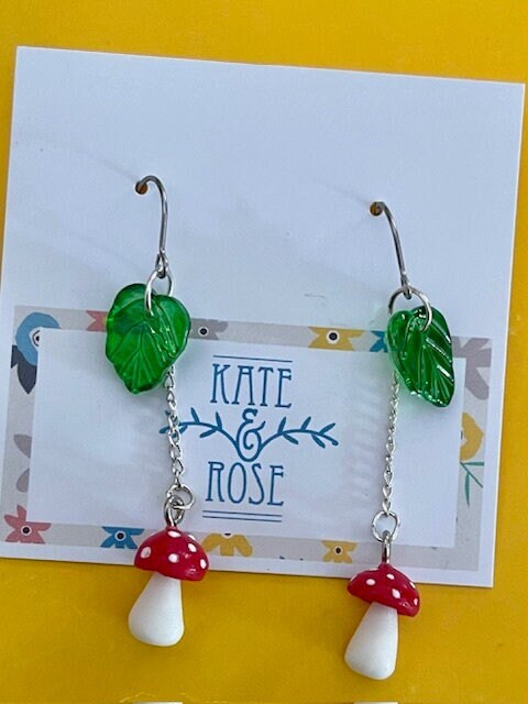 Toad stool - Mushroom dangle earrings - Toad stool drop earrings - Red and White polymer clay toad stools by Kate & Rose - other colours too