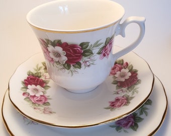 Teacup trio - Vintage Queen Anne fine bone china - teacup, saucer & plate - Rose patterned trio