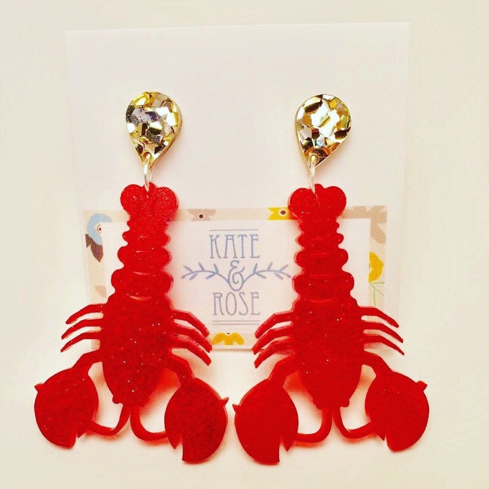 Lobster Studs Lobster Earrings Red Lobster Glitter Studs Etsy UK