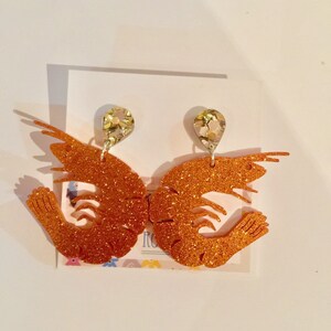 Orange / Coral Prawn glitter statement studs prawn dangles laser cut acrylic don't come the raw prawn with me prawn drop earrings image 3