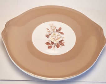 Vintage Queen Anne Tab handled cake plate for tea party - great for biscuits and cupcakes - Rose design with mushroom / stone grey colour