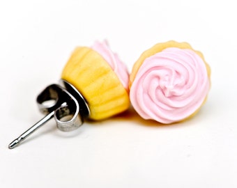 Cupcake studs - Pastel pink iced cupcake stud earrings - cupcake earrings - cupcake studs - food jewelry - Valentines Day gift