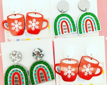 Christmas lasercut acrylic studs - Rainbow dangle earrings - Christmas mug dangle earring - Christmas drop earrings - Snow drops on mug stud