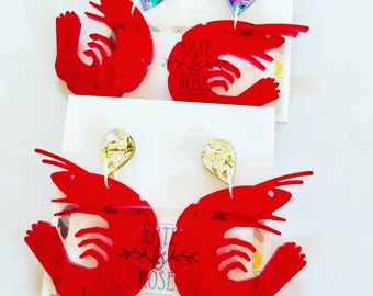 Red Prawn clear lasercut acrylic studs - prawn dangles - don't come the raw prawn - prawn drop earrings - prawn dangles - red prawns