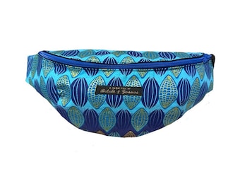 Handmade Bumbag / Belt bag / Hip Bag / Fannypack / Geometric pattern Blue Kakao Print with gold shimmer detail
