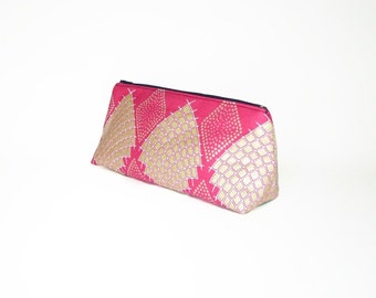 Handmade Make-up bag in beautiful shimmering geometric patterned fabric in Hot pink and Champagne - 'Artemis'