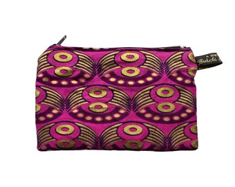 Handmade coin purse in deep rich pink and gold patterned Golden Rings fabric with gold shimmer detail print