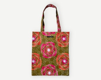 Tote bag in pink and orange Rosette pattern on green in thick cotton, triple stitched