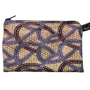 Porte-monnaie fait main en tissu à motifs Art Déco Arches crème et violet avec détail scintillant lilas et imprimé à fines paillettes