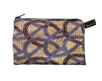 Handmade coin purse in cream and purple patterned Art Deco Arches fabric with lilac shimmer detail fine glitter print