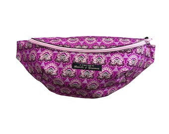 Handmade Bumbag / Belt bag / Hip Bag / Fannypack / Geometric pattern Cerise Lotus Print with pink shimmer detail