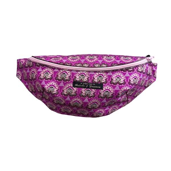 Handmade Bumbag / Belt bag / Hip Bag / Fannypack / Geometric pattern Cerise Lotus Print with pink shimmer detail