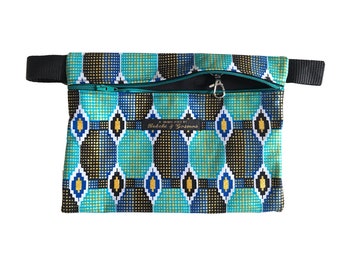 Handmade Flat Bumbag / Belt bag / Hip Bag / Fannypack / Geometric pattern Turquoise Nubia Print with gold shimmer detail