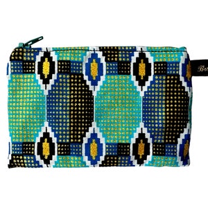 Porte-monnaie fait main en tissu Nubia à motifs bleu vif et turquoise avec détail scintillant doré et imprimé à fines paillettes