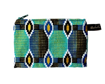 Handmade coin purse in bright blue and turquoise patterned Nubia fabric with gold shimmer detail fine glitter print
