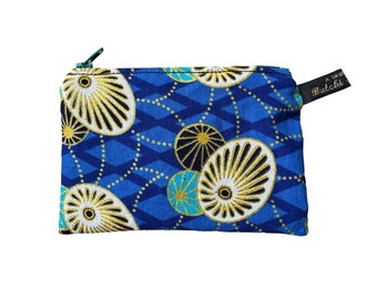 Handmade coin purse in bright blue and gold patterned Illuminations fabric with gold shimmer detail fine glitter print