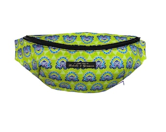 Handmade Bumbag / Belt bag / Hip Bag / Fannypack / Geometric pattern Lime Lotus Print with pink shimmer detail
