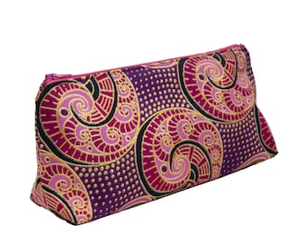 Handmade Make-up bag in beautiful shimmering Burgundy Swirls print geometric patterned fabric in deep pink