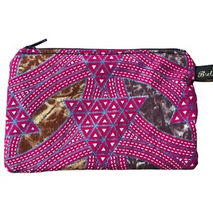 Porte-monnaie fait main en tissu Kemet à motif tie-dye rose foncé et marron avec imprimé à paillettes fines bleu scintillant