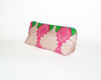 Handmade Make-up bag in beautiful shimmering geometric patterned fabric in Hot pink and green - 'Artemis'