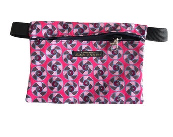 Handmade Flat Bumbag / Belt bag / Hip Bag / Fannypack / Geometric pattern Hot Pink Disco Print with blue shimmer detail