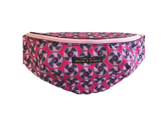 Handmade Bumbag / Belt bag / Hip Bag / Fannypack / Geometric pattern Hot Pink Disco Print with blue shimmer detail