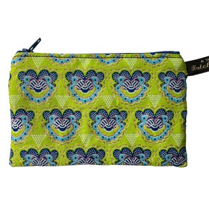 Porte-monnaie fait main en tissu Lotus à motifs citron vert et bleu avec imprimé scintillant fin doré