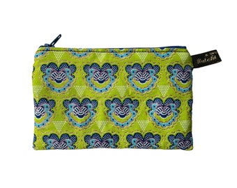 Handmade coin purse in lime and blue patterned Lotus fabric with gold shimmer detail fine glitter print