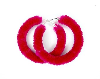 Fluffy Hoop Earrings in Deep Pink - available on Silver or Gold tone hoops