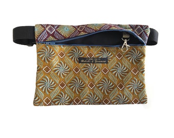 Handmade Flat Bumbag / Belt bag / Hip Bag / Fannypack / Geometric pattern Golden Nahua Print with blue shimmer detail