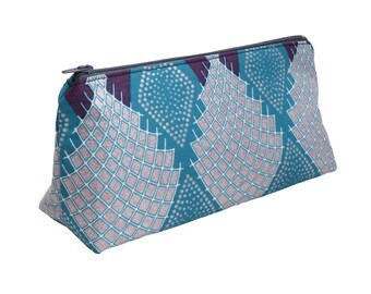 Handmade Make-up bag in beautiful shimmering Artemis print geometric patterned fabric in deep turquoise and silver