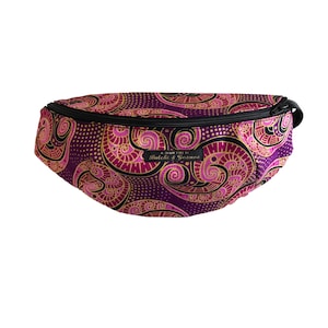 Bolso hecho a mano / Bolso de cinturón / Bolso de cadera / Fannypack / Remolinos de patrón geométrico Borgoña Estampado con detalle de brillo dorado