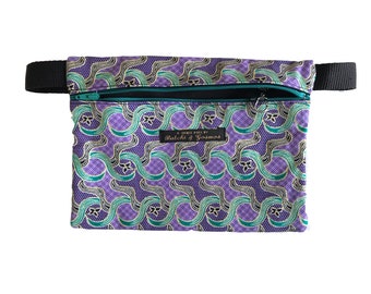Handmade Flat Bumbag / Belt bag / Hip Bag / Fannypack / Geometric pattern Purple Estate Print with gold shimmer detail