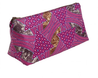 Handmade Make-up bag in beautiful shimmering Kemet print geometric patterned fabric in deep pink and sand