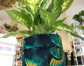 Emerald Green, Navy & gold  ‘swirl’ fabric plant pot // Storage basket // toiletries bag // foraging bag