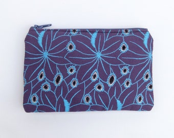 Handmade coin purse in Lacey patterned fabric in blue and indigo glitter print
