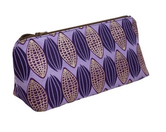 Handmade Make-up bag in beautiful shimmering Kakao print geometric patterned fabric in Purple and gold