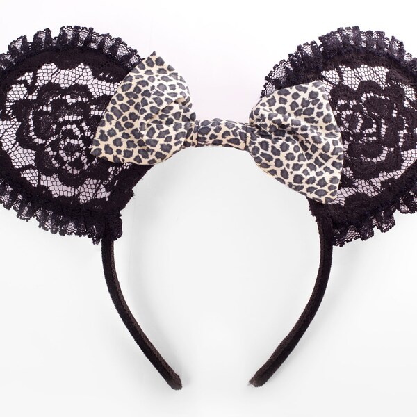 Cerchietto orecchie Mouse in pizzo con Leopard Bow - accessorio del Costume - Costume - Festival accessori - Minnie Mouse