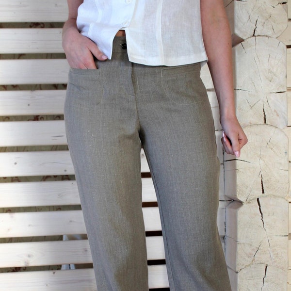 Natural Linen Trousers, Classic Women Pants, Women Suit Pants, Straight Cut Pants, High Waisted Trousers, Washed Linen in Various Colors