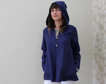 Lightweight Linen Jacket With a Hood, Loose Cut Overcoat, Relaxed Fit Outwear, Dark Blue Topper, Short Linen Cloak, Open Front Hoodie