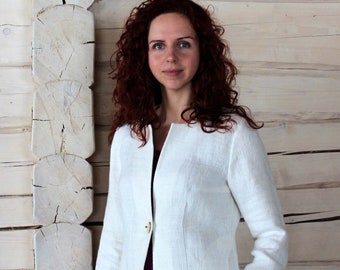 Blazer élégant en lin avec bouton décoratif en corne de bœuf, veste d'été blanche, tenue de bureau pour femme, cardigan en lin, différentes couleurs
