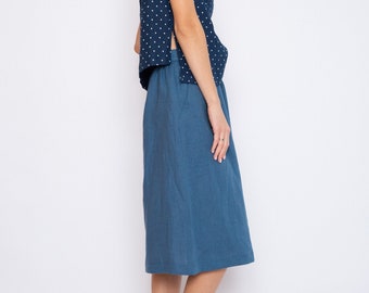 Gathered Linen Midi Skirt With Pockets, High Waisted Summer Skirt, Blue Linen Skirt, A-line Silhouette, Washed Linen in Various Colors