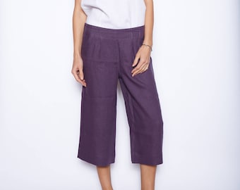 Leinen Culottes, Elastische Taille Midi Hosen, Cropped Frauen Hose, Ausgestelltes Capri, Sommerhose mit weitem Bein, Gaucho Leinenhose, Verschiedene Farben