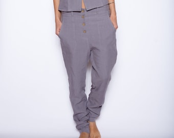 Slightly Tapered Linen Pants, Buttoned Women Trousers with Pockets, Slim Leg Pants, Washed Baltic Linen in Various Colors