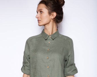 Long Linen Shirt, Rolled Up Sleeve Top, Loose Cut Top, Oversized Tunic, Classic Shirt Collar, Various Colors Available