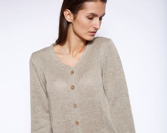 Minimalist Natural Linen Cardigan, 100 % Pure Ring Spun Linen Sweater, Knit Open Fron Jacket, Elegant Linen Top, Various Colors Available