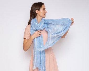READY TO SHIP, Extra Long Linen Scarf With Fringes, Lightweight Shawl, Crincle Gauze Scarf, Summer Linen Accessories