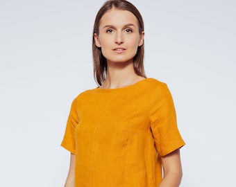 Short Sleeve Blouse, Loose Cut Top, Bateau Neck, Simple and Elegant Linen Blouse, Various Colors